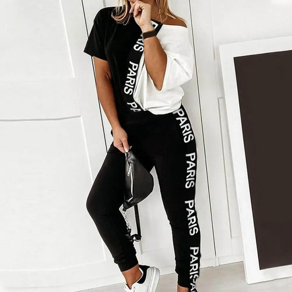 

2 Pcs/Set Women Tracksuit Contrast Color Letter Print Summer Sportwear Off Shoulder Loose Pullover Top Ankle-banded Pants Set