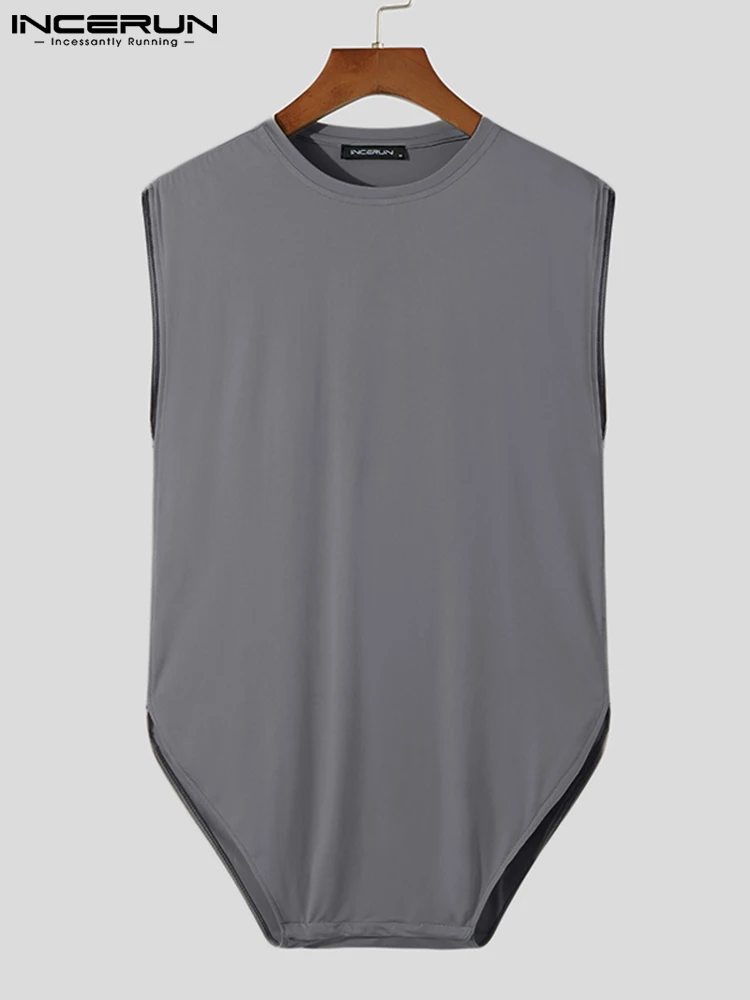 INCERUN Solid Color Men Bodysuits Pajamas O-neck Sleeveless 2023 Bodysuit Breathable Button Homewear Casual Men Rompers S-5XL