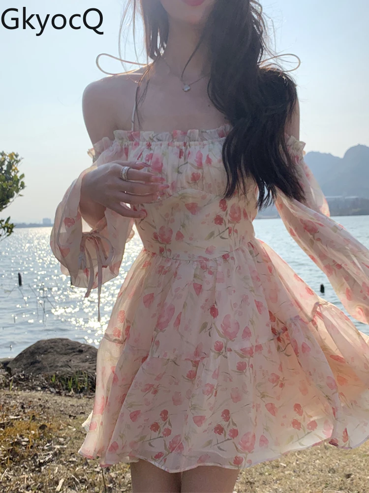 

GkyocQ One Shoulder Floral Dress Women Temperament Chiffon SlingBodycon Dress Korean Fashion Elegant Sexy Slim Trend 2022 Summer