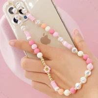 trendy pink soft clay phone case pendant women girl fashion cute smiley beads mobile strap phone chain anti lost lanyard jewelry