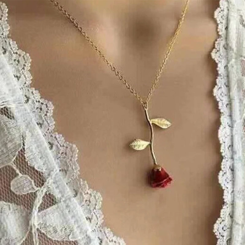 

Christmas gift New jewelry creative drop delicate Red Rose Pendant Necklace for girlfriend Valentine's Day gift