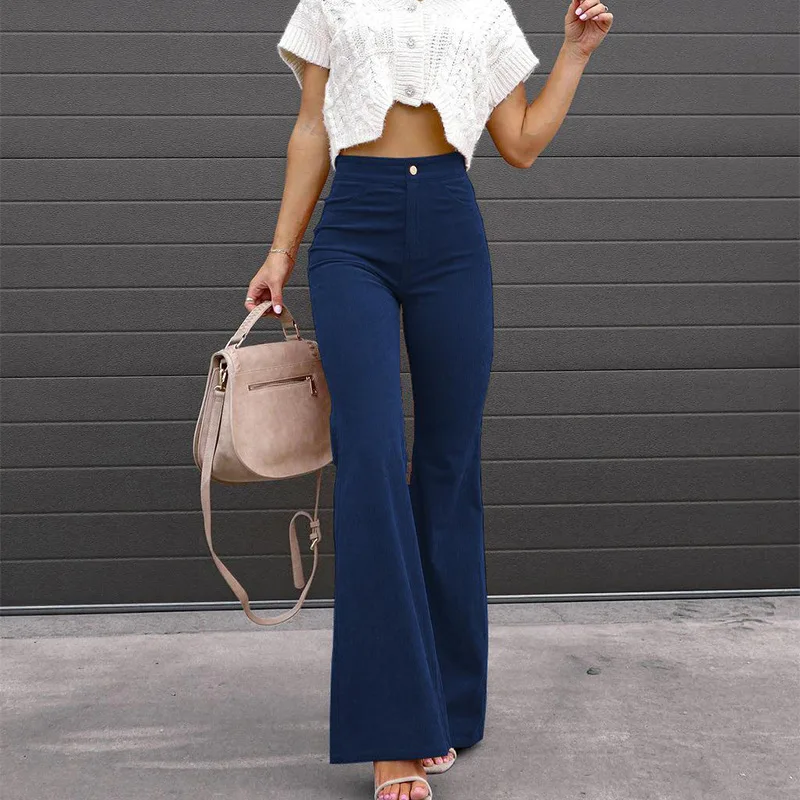 Solid Mid Waist Slim Fit Micro Flare Pants Corduroy Casual Pants jeans woman