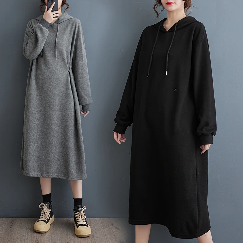 

#7091 зимнее черное серое платье-свитшот с капюшоном, женское свободное ТРАПЕЦИЕВИДНОЕ ПЛАТЬЕ средней длины в Корейском стиле, Женская Толстая Уличная одежда с длинным рукавом