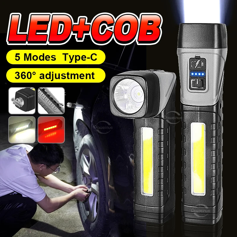 

Type-c Rechargeable LED Flashlights Super Bright 5 Modes COB Torch Portable Outdoor With Pen Holder 2000mAh Flash Lights Camping