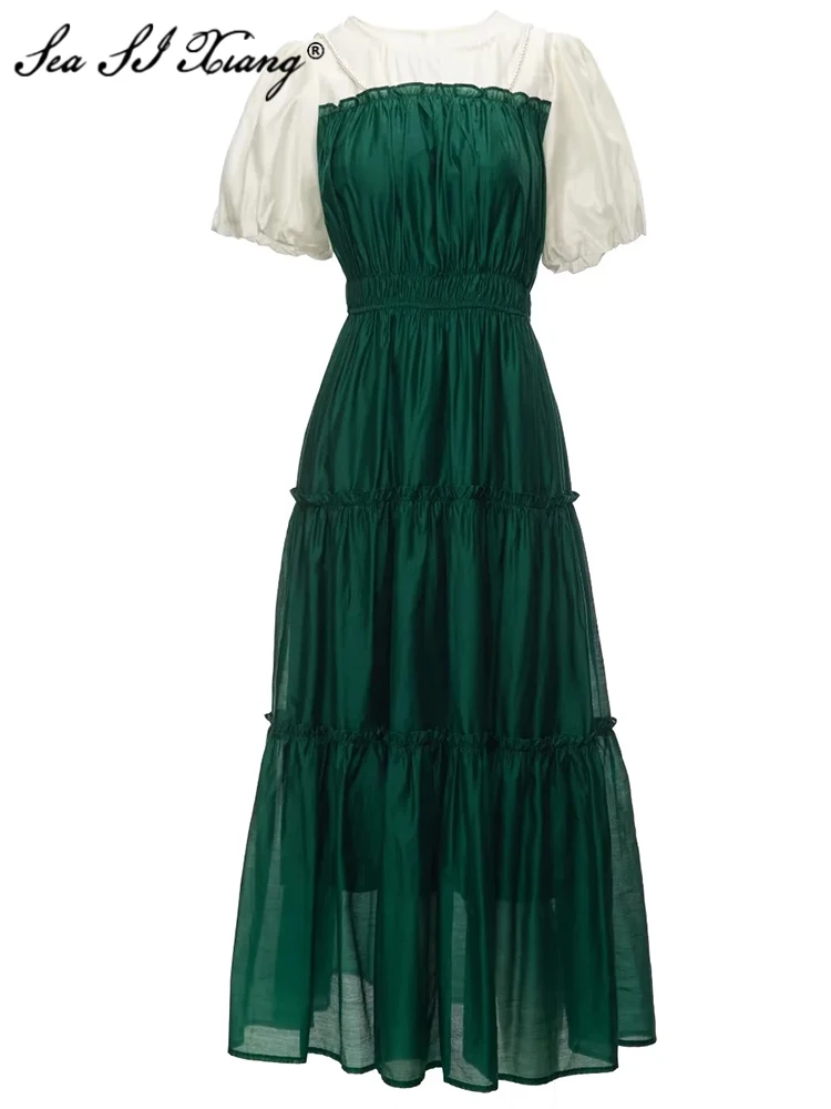 

Женское летнее платье с круглым вырезом, буффами на рукавах и оборками