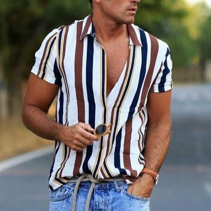 

2020 Summer New Striped Shirt Men's Casual Shirt Fashionable and Comfortable Short-sleeved Top