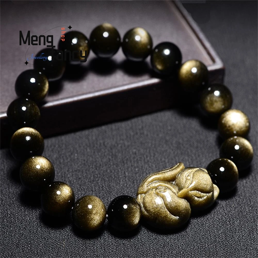 Сказочный браслет из натурального обсидиана в виде маленькой лисы