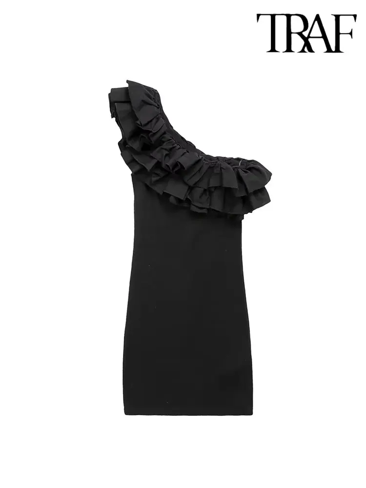 

TRAF 2023 Summer Asymmetric Lamination Dress Woman Ruched Mini Dress Women Off Shoulder Dresses for Women Sleeveless Party Dress