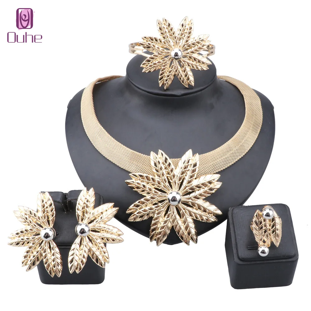 

Dubai Gold Color Jewelry For Women Fashion Leaves Necklace Earrings Ring Bangle Bride Wedding Party Gift Jewelry Set