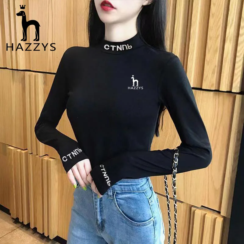 

HAZZYS Half High Neck Women's T-shirt Long Sleeve 2023 Autumn/Winter New Fashion Thin Fit Tight Long Sleeve Top