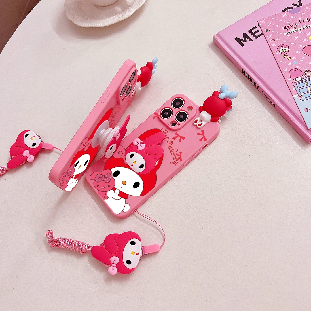 Kawaii Hello Kitty My Melody Soft Case Cover With Holder Rope For iPhone 16 15 14 13 12 Mini 11 Pro X XS Max XR 7 8 6 6S Plus SE