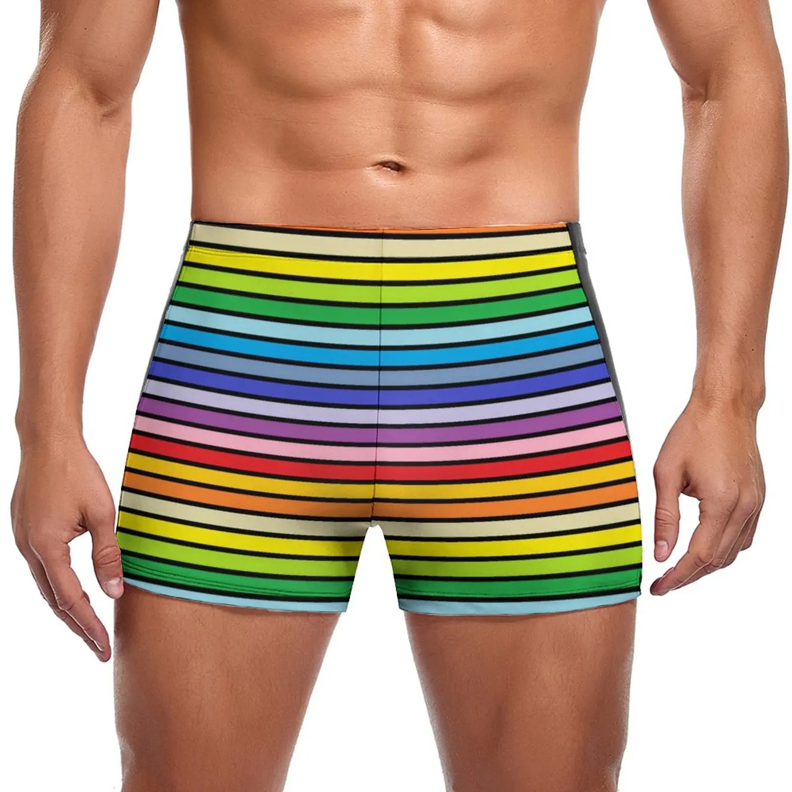 

Rainbow Stripes Swimming Trunks Black Outlined Broader Spectrum Training Fashion Swim Shorts Stay-in-Shape Push Up Men Swimsuit