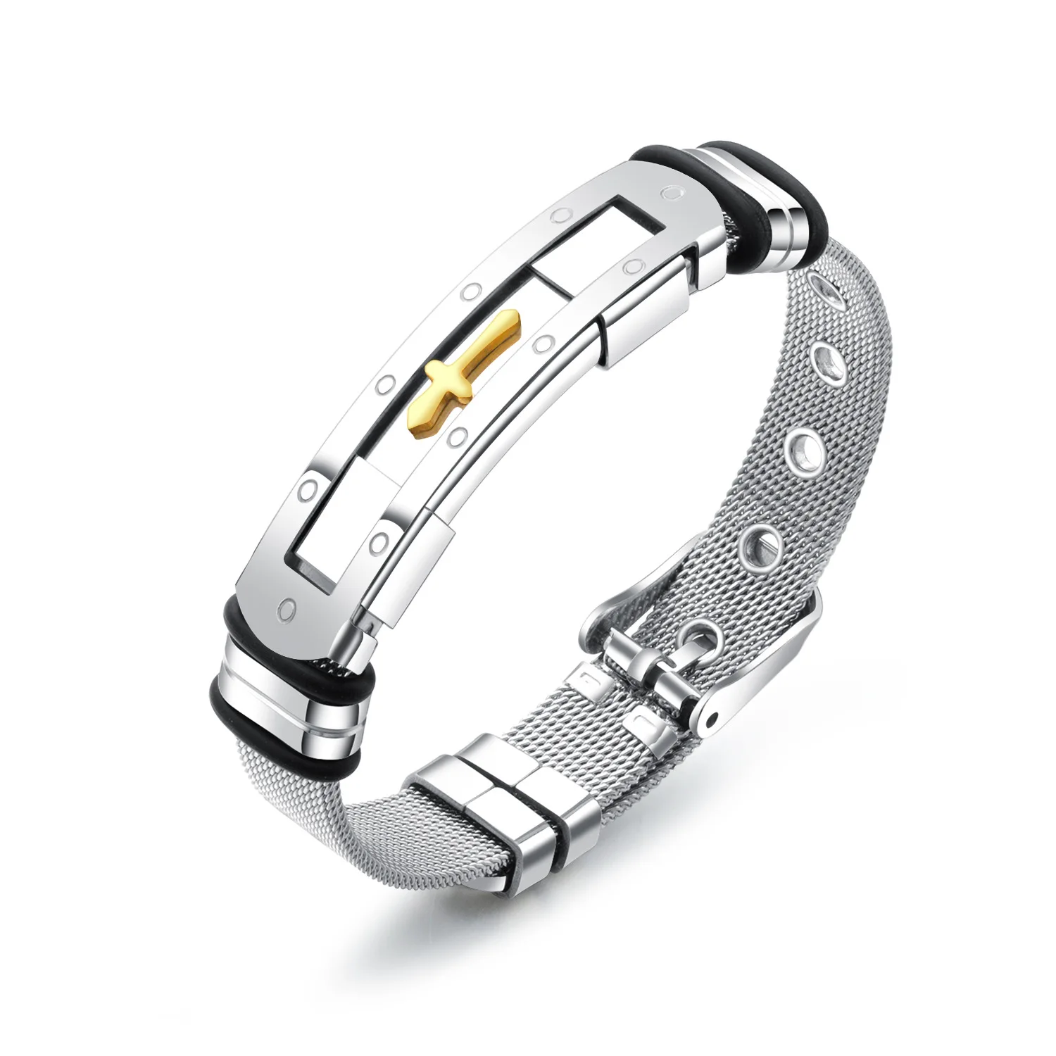 

Steel Mesh Between Gold Cross Titanium Steel Men's Bracelet Mesh Adjustable Wrist Strap Jewelry