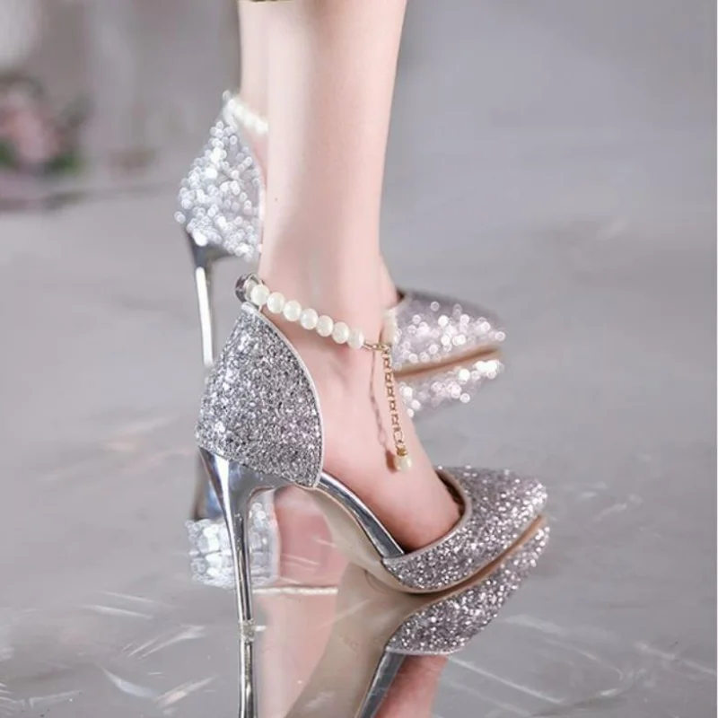 

Туфли-лодочки Серебристые на высоком каблуке, женская свадебная обувь для невесты, блестящие туфли-лодочки, женская обувь с острым носком, на шпильке, золотистые