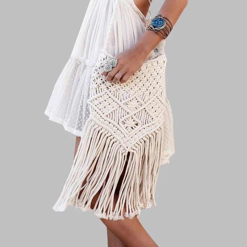 

Bohemian Rope Crochet Crossbody Bags for Women 2022 Luxury Tassel Knitting Shoulder Bag Boho Hollow Out Women Designer Handbags