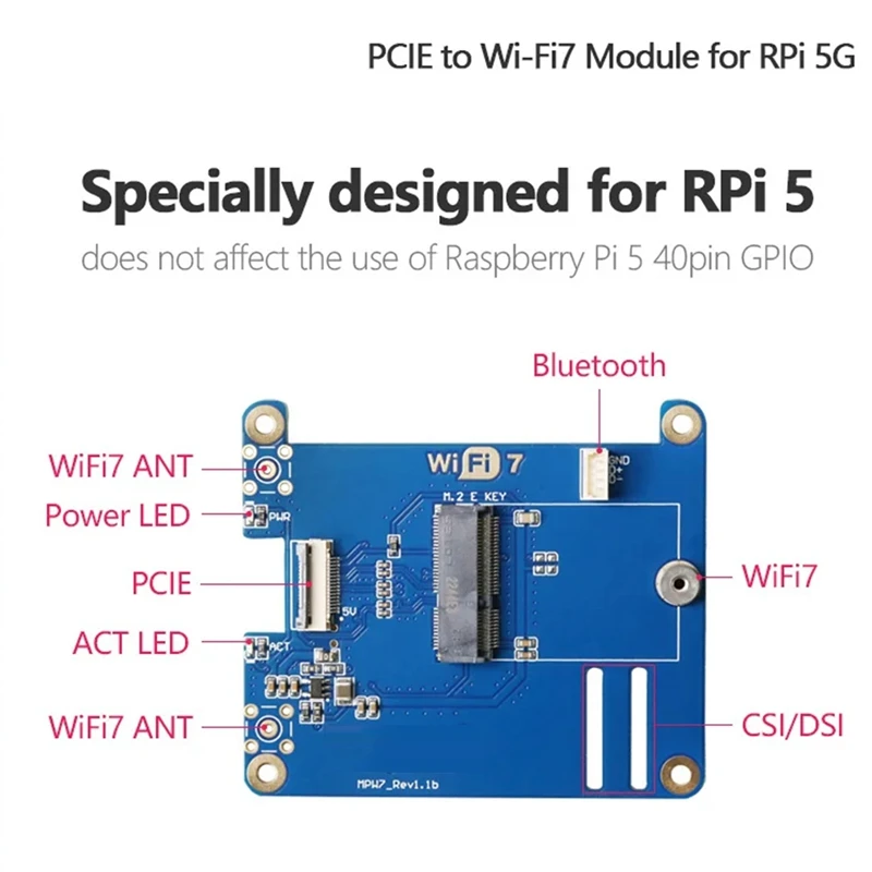 MPW7NA для Raspberry Pi 5 PCIE к модулю M.2 E-Key Wi-Fi7 + 2 антенны BE200 синяя печатная плата поддержка