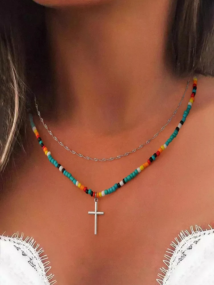

Pendant Necklace For Women 2Pcs Colorful Beading Cross Necklace Pendants Clothing Jewelry Accessories Gift collares para mujer