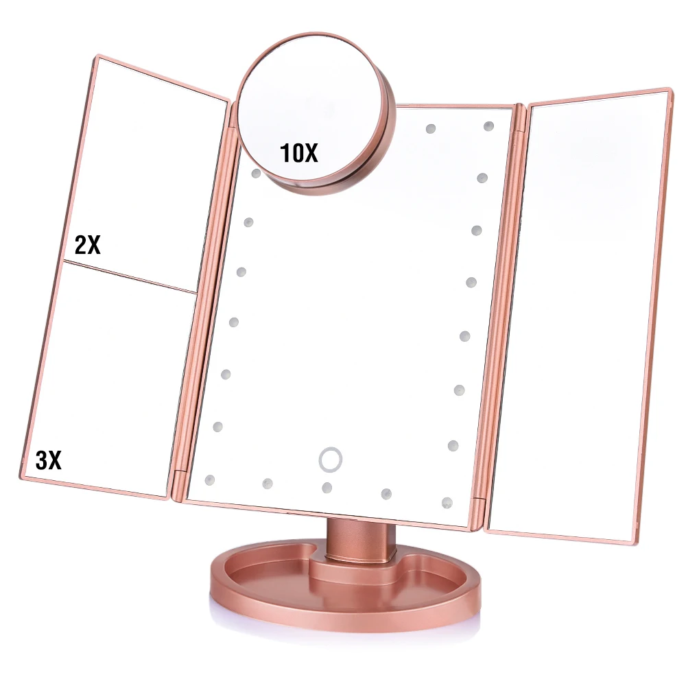 

Makeup Mirror LED Touch Screen 22 Light Table Desktop Makeup 1X/2X/3X/10X Magnifying Mirrors Vanity 3 Folding Adjustable Mirror