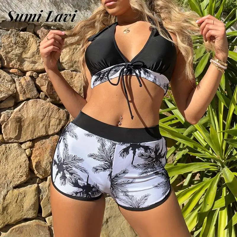 

New Women Crop Top High Waist Shorts Bikini Set Fashion Palm Tree Print Backless Swimwear Sexy Halter Lace Up Beachwear Swimsuit
