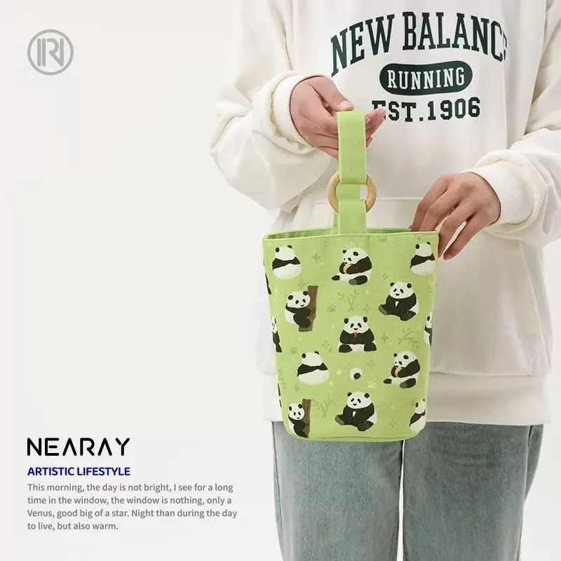 Kawai Handheld Carry Bags, Canvas Bucket Bags, Cute Panda Portable Cosmetics Snacks Bags, Daily Commute Diaper Bottle Kids Bag