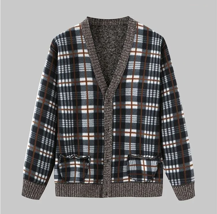 men sweater Plaid lining fleece knitted sweaters for men winter sweater cardigan hombre mens clothes