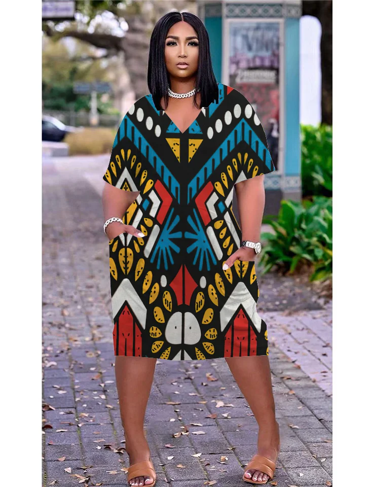 

New Summer Women's Clothes Skirt Loose Casual Entertainment V-neck A-line Knee Length Colorful Printing Daily Street Wear 2022