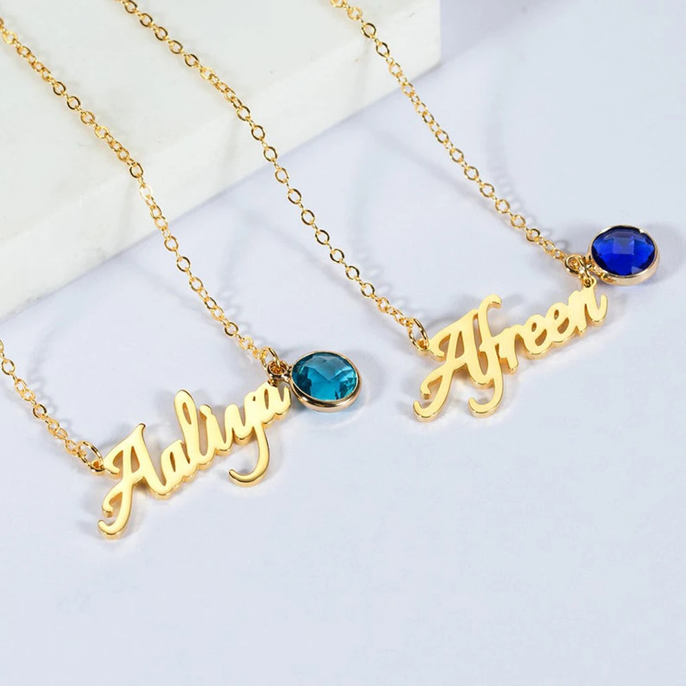 Customized Necklace for Women Personalised Handwritten Name with Birthstone Pendant Choker Stainless Steel Jewelry Birthday Gift