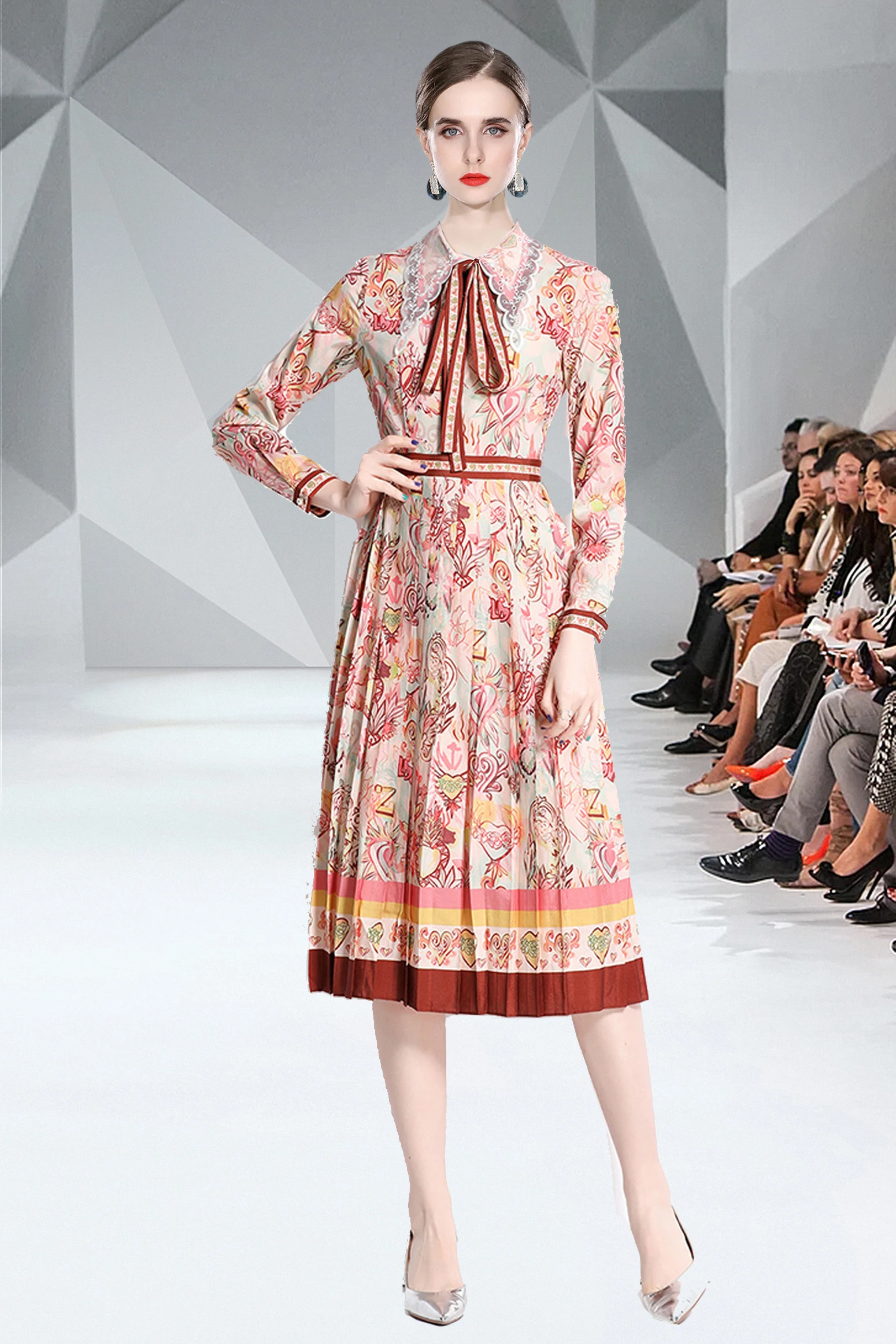 

9012 Dresses Women Autumn Print Hollow Out Collar Lacing Elegant Versatile Fashion Office Lady Mid Length Pleated Dress Female