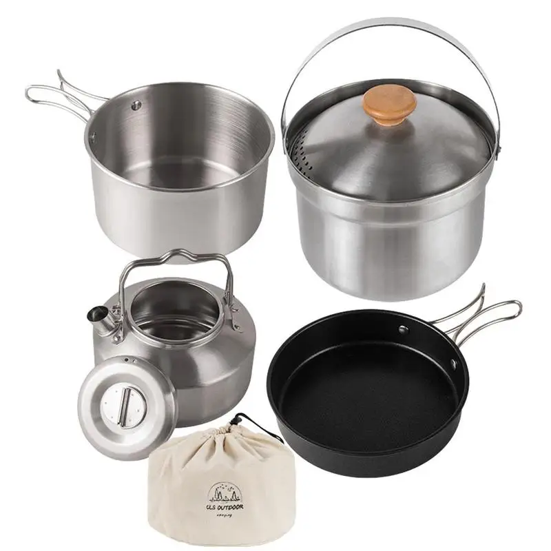 

Camping Cookware Kit 4pcs Backpacking Cooking Set Stainless Steel Outdoor Pots And Pans Nonstick Frying Pan For Mountaineering
