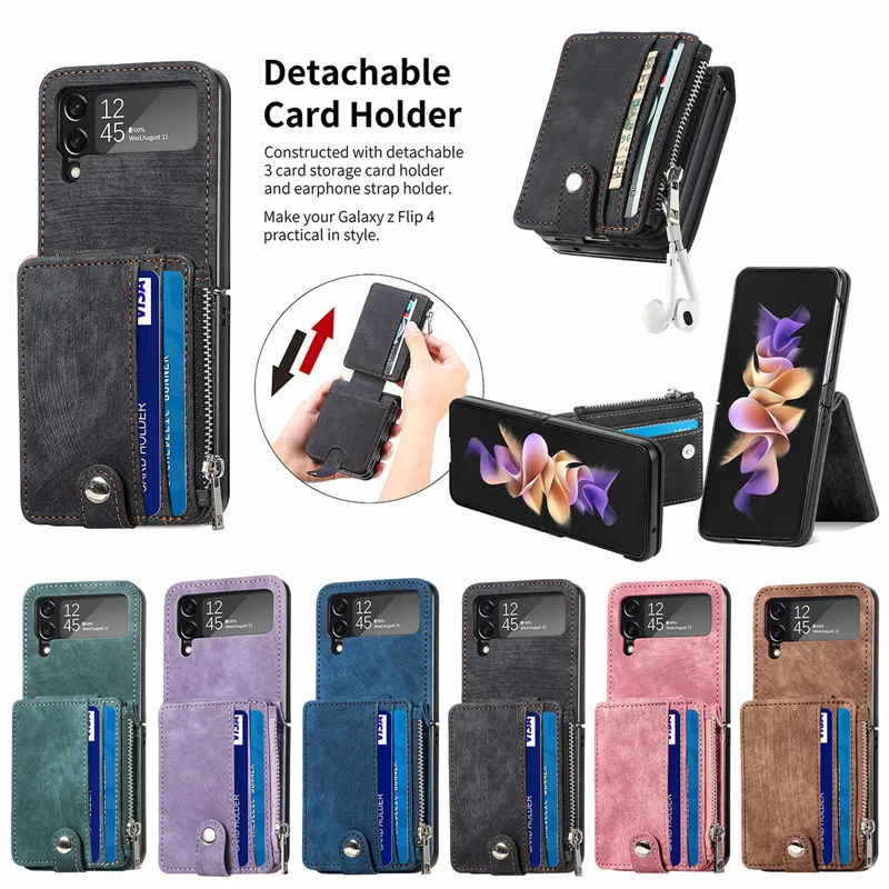 

Detachable Retro Leather Zipper Wallet Folding Case for Samsung Galaxy Z Flip 4 Flip4 Flip3 2 in1 Card Holder Phone Cover Hoesje