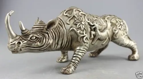 

Коллекционная старая ручная работа тибетская Серебряная резная статуя Kirin & Big Фигурка Носорога медная Серебряная бронзовая латунная статуя
