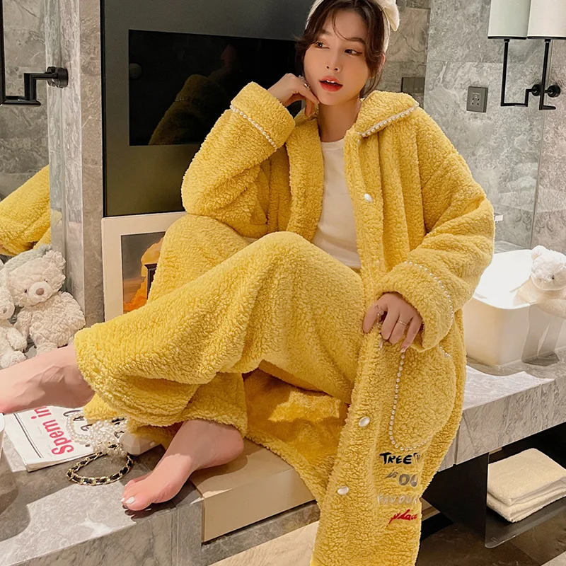 Lady Sleepwear 2PCS Robe&Pants Winter Thick Pajamas Set Loose Flannel Kimono Gown Coral Fleece Loungewear Casual Home Wear