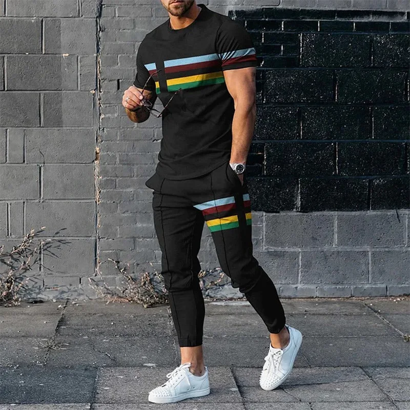 2023 Men Tracksuit Set 2 Piece Sets Short Sleeve T Shirt+Sweatpants Suit Men Clothing Streetwear Vintage Sweatshirt Oversized