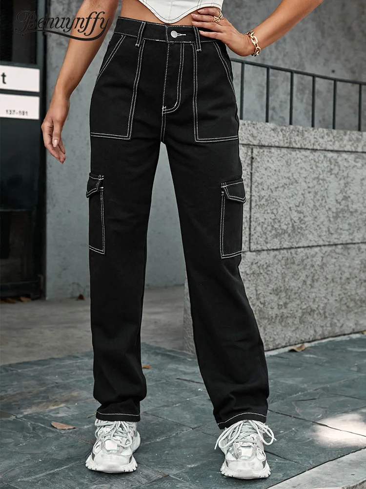 

Benuynffy Black Contrast Stitch Flap Pocket Cargo Jeans Women Spring Fall Casual Streetwear High Waist Straight Baggy Jeans