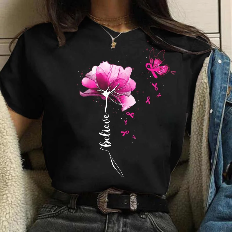 

New Funny Pink Daisy Print Women Female Tshirt Harajuku Short Sleeve Black T Shirts Cartoon Casual Woman Tops Clothes
