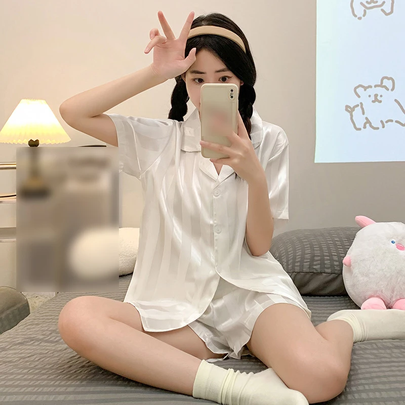 Comfortable Satin Pyjamas 2 Piece Set Women French Elegant Solid Color Stripe Silk Sleepwear Pajamas Home Wear Nightwear Pyjamas