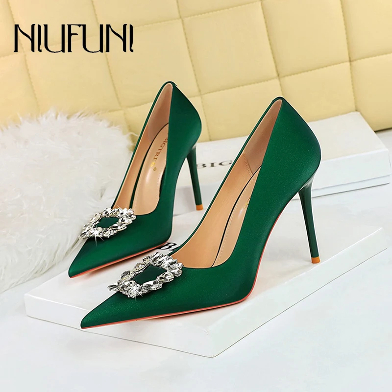 

NIUFUNI Pointed Rhinestone Square Button Women's Pumps Silk Stiletto High Heels Summer Solid Color Ladies Wedding Shoes Slip On