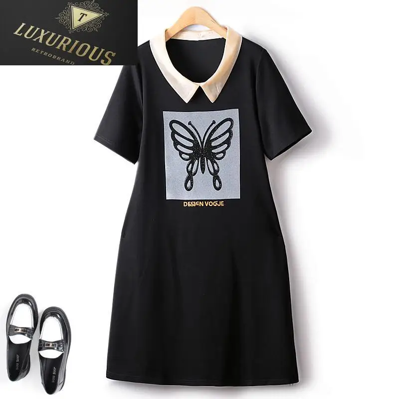 

European Dresses For Women 2023 Summer Retro Hot Drill Butterfly Pattern Organza Lapel Short Sleeve Drape Elegant Female Dress