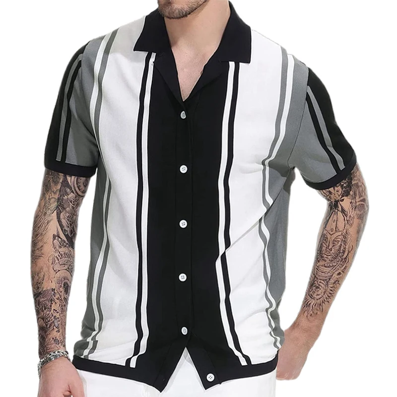 

Рубашка-поло мужская Трикотажная в полоску, повседневная сорочка с лацканами, на пуговицах, винтажная модная уличная одежда, лето