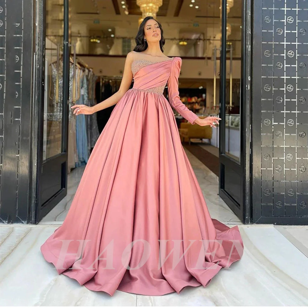 

HAOWEN Pink A Line Satin Evening Dresses Long Sleeves One Shoulder Bakeless Party Graduation Homecoming Vestido De Festa Sexy