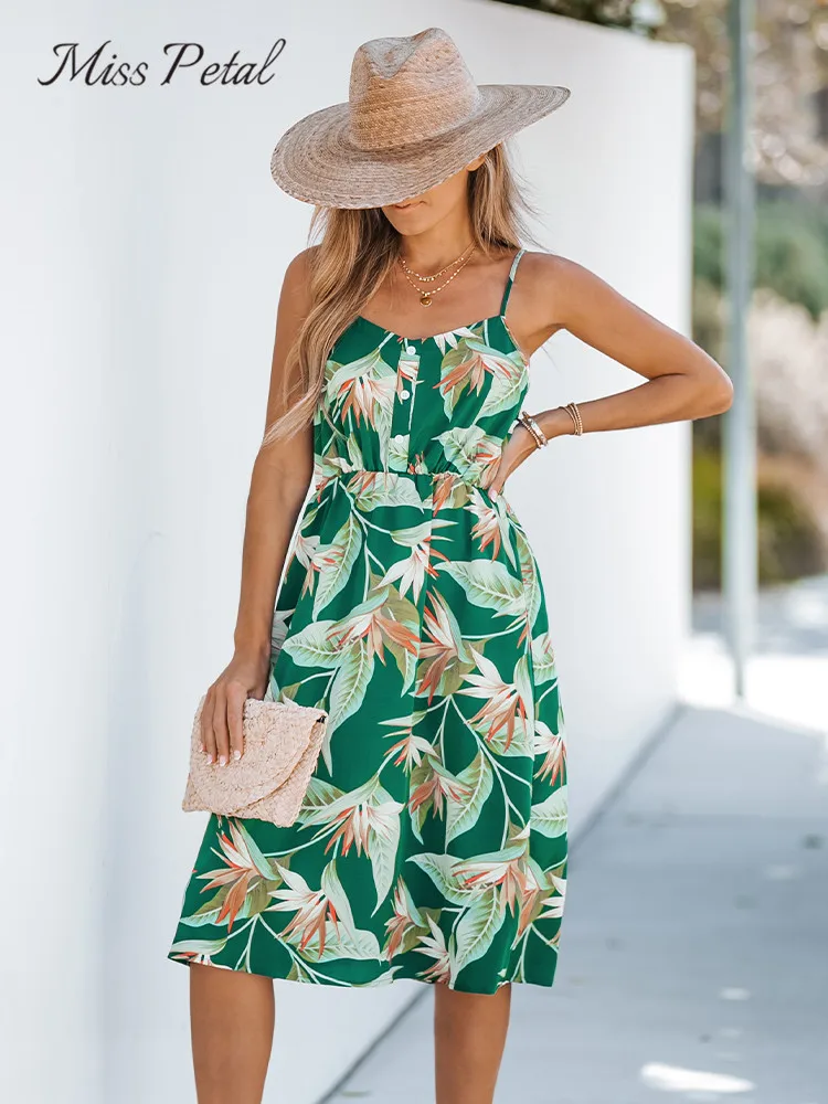 

Green Leafy Print Flare Midi Dress For Women Sexy V-neck Sleeveless Beach Holiday A-line Cami Dress 2023 Summer Female Sundress