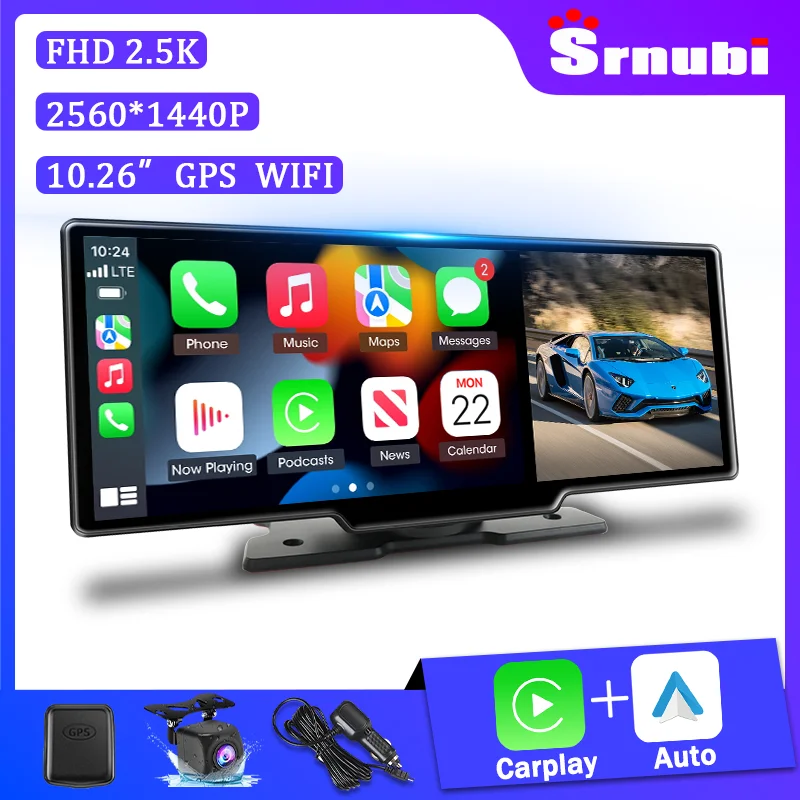 Srnubi 10.26" Dash HD Rearview Camera Carplay Android Auto 2.5K DVR GPS Navigation Recorder all-in-one Dashboard Dual Lens Park