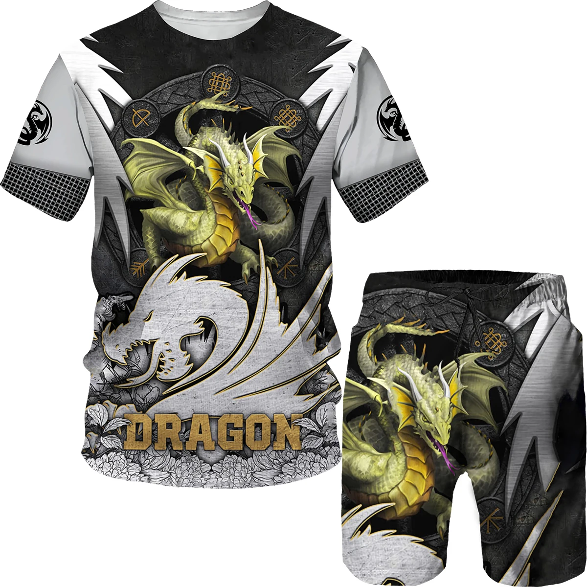 2023 Summer Latest Men's T-shirt+Shorts 2PK 3D Funny Dragon Tiger Print Large Vintage Fashion Casual Street Sportswear XXS-6XL