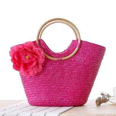 Casual Flower Rattan Large Capacity Tote Round Handle Wicker Woven Women Handbags Summer Beach Big Straw Bags Bali Travel Purse