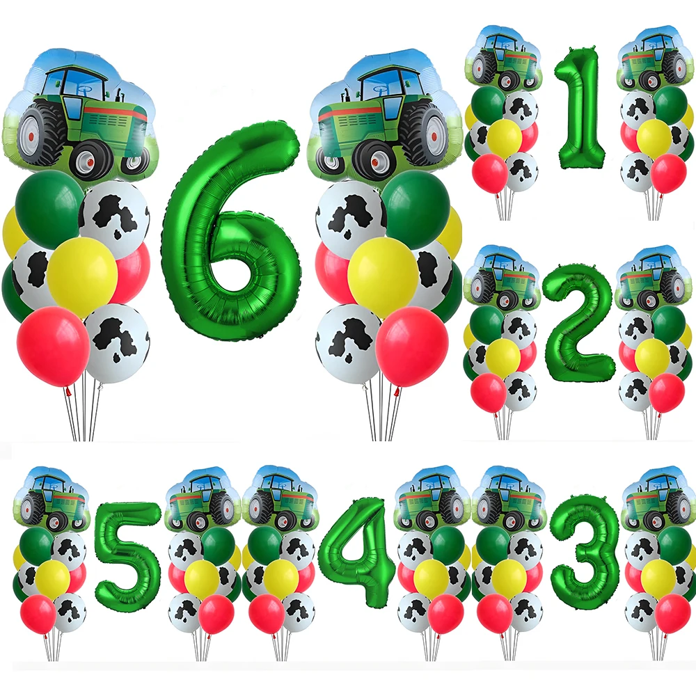 

21pcs Farm Tractor Number Balloon Set Green Tractor Cow Print Balloons Tractor Theme Kids 1st 2nd 3rd Birthday Party Decorations