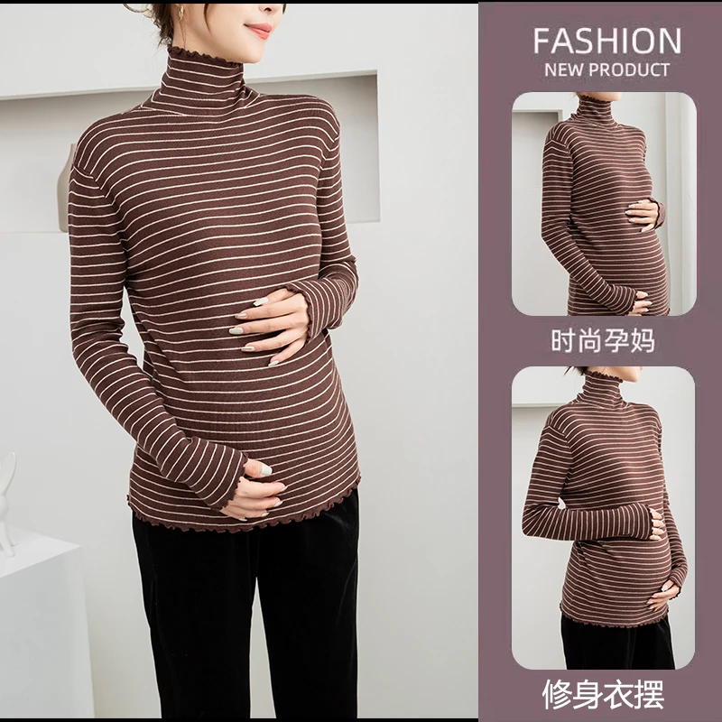

516# Autumn Winter Stretch Strip Knitted Maternity Shirts Turtleneck A Line Slim Tees Clothes for Pregnant Women Pregnancy Tops
