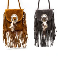 women pu leather messenger crossbody bag vintage bohemian fringe designer womens bag small fashion feather lady purse
