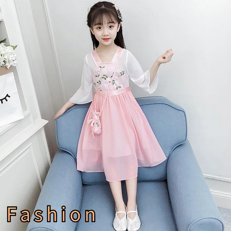 

Dress Girl Summer 2022 Children's Student Fashion Dresses Chinese Style Embroidery Dress 12 Years Old Short Sleeve T-Shirt Skirt