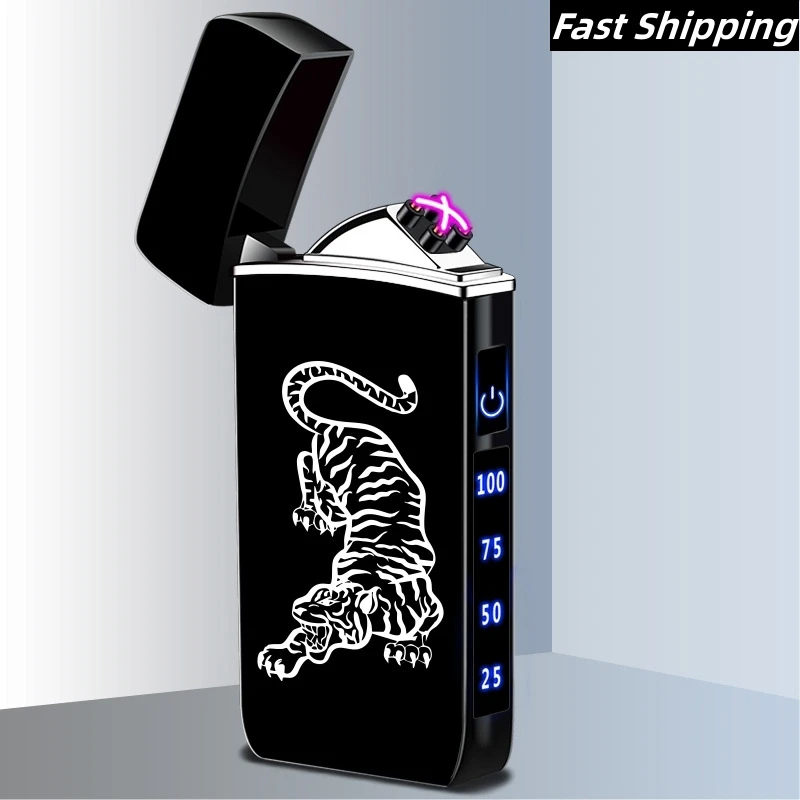 

Metal Electric Windproof Lighter Dual Arc Pulse Flameless Plasma USB Charging Lighter Touch Sensing Digital Power Display