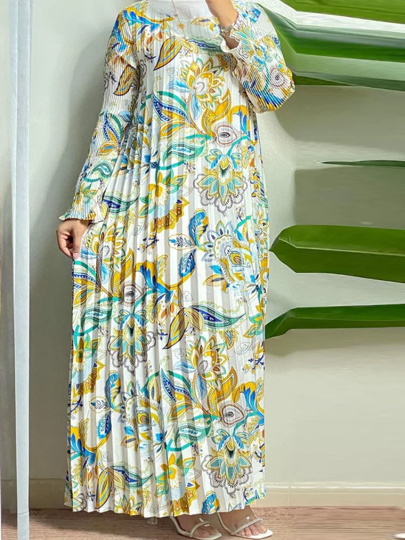 Floral Printed Abaya Pleated Long Dress Women Ethnic Moroccan Kaftan Muslim African Dresses Islam Dubai Turkish Modest Abayas
